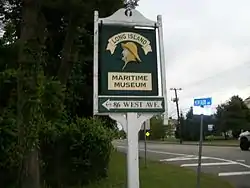 Sign for the Long Island Maritime Museum, West Sayville's primary attraction