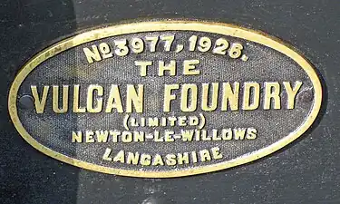 Vulcan Foundry Works plate No. 3977 of 1926 on LMS Fowler Class 3F No. 47406 in 2012