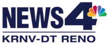 Mostly in navy blue: on top, the word NEWS next to a wide sans serif 4 with the NBC peacock logo superimposed on it. Beneath a line, the text "K R N V - D T Reno" in a sans serif.