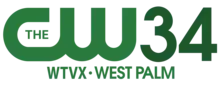 The CW network logo in green next to a green 34 in a sans serif. Below and in a smaller typeface are the words "W T V X • West Palm".