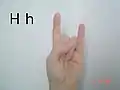 An ASL 'horns' hand pointed upward: Extended index and pinkie, thumb lies over other fingers