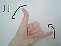 A Hawaiian 'hang ten' sign: Like an ASL 'J', but with the thumb extended