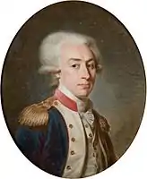 Marquis de Lafayette (1757–1834) wearing a powdered wig tied in a queue that was a common piece of men's dress by c. 1795.