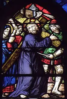 Part of stained glass window, Jesus carrying the cross