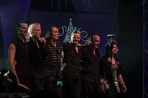 Lacrimosa live in 2015. L-R: Julien Schmidt (drums), Jay P. (guitar), Yenz Leonhardt (bass), Tilo Wolff (vocals), Henrik Flyman (guitar), Anne Nurmi (keyboard).