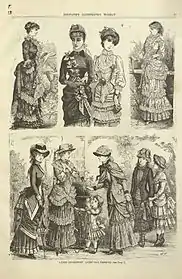 An etching of many different fashions for women found in the pages of this periodical.  The top shows four separate models in decorative clothing and the bottom shows a scene of five women and a child interacting and all dressed resplendidly.