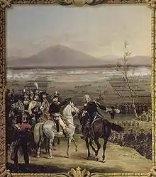 Painting of a battle with the generals in the foreground while neat lines of soldiers march into the distance.