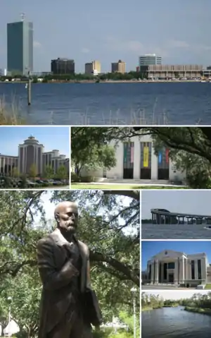 Top to bottom, L-R: Downtown Lake Charles, L'Auberge du Lac Casino, McNeese State University, John McNeese statue, Israel LaFleur Bridge, Lake Charles City Court, Henderson Bayou