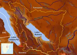 Lake Rukwa in center with Lake Tanganyika to left. Four rivers flowing into Rukwa two in north west and two in south.