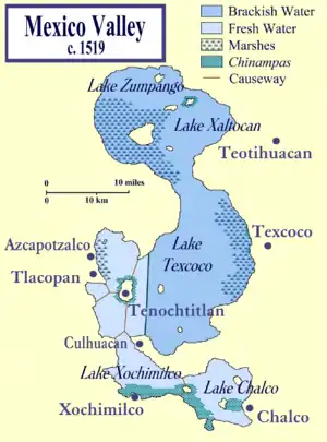 The Valley of Mexico at the time of the Spanish conquest showing the location of lake Xochimilco.