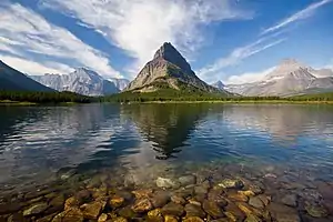 Mount Gould, Grinnell Point and Mount Wilbur left to right beyond Swiftcurrent Lake