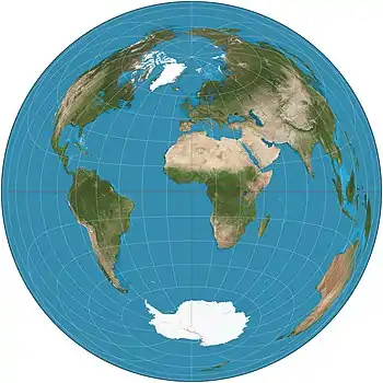 Image 5Lambert azimuthal equal-area projectionMap: Strebe, using GeocartThe Lambert azimuthal equal-area projection is a projection used for mapping a sphere to a disk. It accurately represents area in all regions of the sphere, but it does not accurately represent angles. It is used in scientific disciplines such as geology for plotting the orientations of lines in three-dimensional space, and by the National Atlas of the US in its online map-making application.More selected pictures