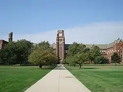 The clocktower of Lane Technical College Prep High School, located in the western part of the neighborhood.