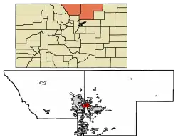 Location of Windsor in Larimer County and Weld County, Colorado