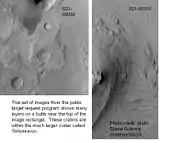 Pedestal craters and layers in Tikonravev Crater in Arabia, as seen by Mars Global Surveyor (MGS), under the MOC Public Targeting Program.  Layers may form from volcanoes, the wind, or by deposition under water.  Some researchers believe this crater once held a massive lake.