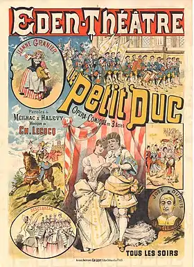 bright theatre poster showing six different scenes from a show, with characters in 18th-century costumes