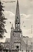 Le Pardon de Rumengol L'Eglise et le Clocher - Picture postcard showing the flags around the spire, used to give a festive look leading up to the pardon.