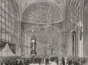 Monumental conical clock by Eugène Farcot at the hall of the Galerie d'Iéna of the Palais du Champ-de-Mars