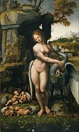 Leda and the Swan copy by Giovanni Francesco Melzi after the lost painting by Leonardo, 1508–1515, oil on canvas, Galleria degli Uffizi, Florence, Italy.