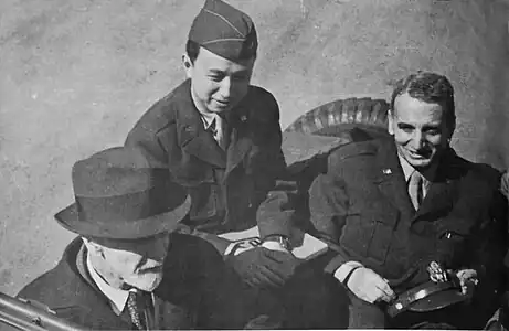 Left to right: Ludwig Prandtl, Qian Xuesen, Theodore von Kármán. Prandtl served Germany during World War II; von Kármán and Qian served the United States; after 1955, Qian served mainland China. Qian's overseas cap displays his temporary U.S. Army rank of colonel. Prandtl was von Kármán's doctoral adviser; von Kármán, in turn, was Qian's.