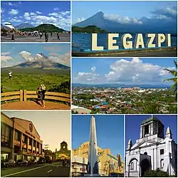 Clockwise from top right: JCI Legazpi Tourism Marker, View from The Oriental Legazpi, Cathedral of St. Gregory the Great, Battle of Legazpi Monument, Legazpi City Hall, Zip-line at Ligñon Hill, Old Legazpi Airport