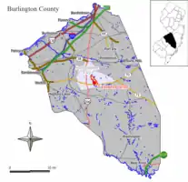 Map of Leisuretowne CDP in Burlington County. Inset: Location of Burlington County in New Jersey.