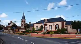 The town hall and church tower in Les Choux