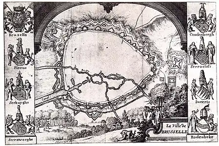 Map of Brussels with the Seven Noble Houses' coats of arms.