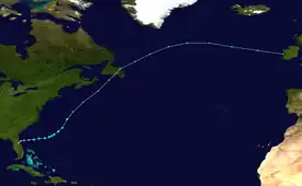 The track of a tropical storm, it starts over central Florida, moves out to the Atlantic Ocean and becomes extratropical