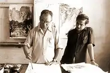 Chinese maestro Li Keran visiting Rammanohar's studio in Peking c.1957