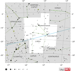 Diagram showing star positions and boundaries of the Libra constellation and its surroundings