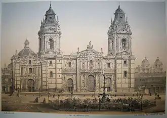 The Cathedral of Lima and the Renaissance fountain at the Plaza Mayor in 1860 by Henri Godard and Jardinet.