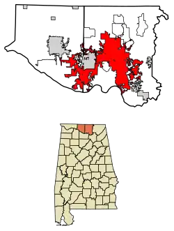 Location of Huntsville in Limestone County and Madison County, Alabama