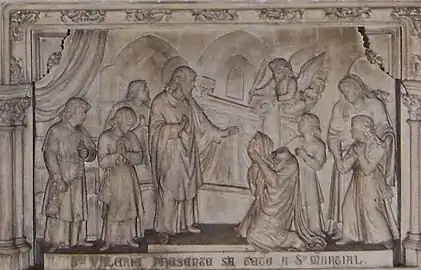 St. Valerie of Limoges presents her head to her bishop and confessor, Saint Martial; Church of St. Michel des Lions, Limoges