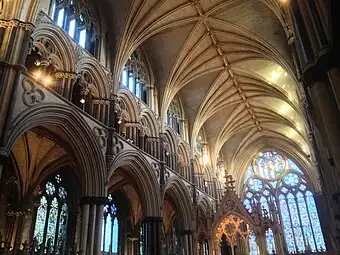 Lincoln Cathedral, Angel Choir, 2nd half of C 13, blind tracery below a dark triforium