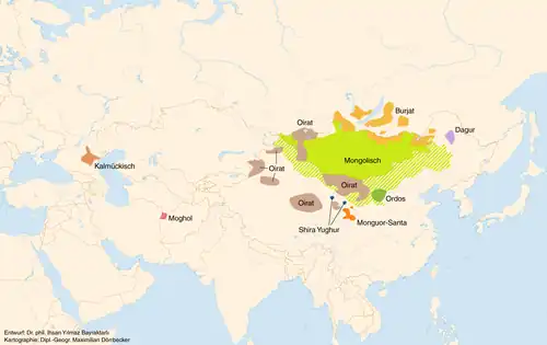 Topographic map showing Asia as centered on modern-day Mongolia and Kazakhstan. Areas are marked in multiple colors and attributed some of the language names of Mongolic languages. The extent of the colored area is somewhat less than in the previous map.