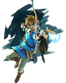 Artwork of Link dressed in a blue tunic and shooting an arrow