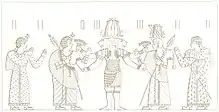 Copy of relief from Naqa depicting Amanitore (second from left), Natakamani (second from right) and two princes approaching a three-headed Apedemak.