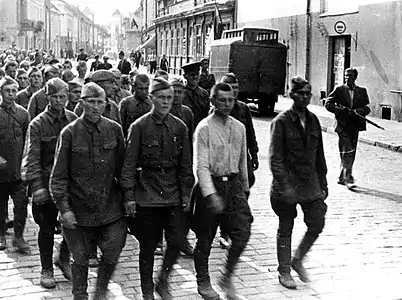 Lithuanian insurgents lead the disarmed soldiers of the Red Army in Kaunas