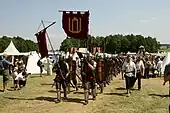 The Lithuanian soldiers with the Columns of Gediminas during the Battle of Grunwald reconstruction