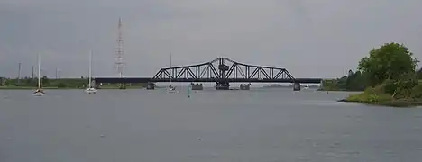 Little Current Swing Bridge (closed position) looking east, from Town Dock