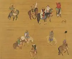 A square painting depicting ten men on horseback. Some of the men are carrying weapons, including one with a drawn bow and one with a spear. In the upper center is Kublai, in a red outfit and a thick white fur with black trim. He is unarmed.