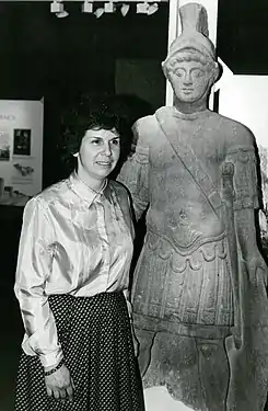 Keeper of the Yorkshire Museum Liz Hartley posing with the Statue of Mars in the 1980s.