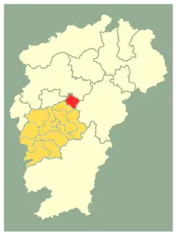 Location of Xingan County (red) in Ji'an City (darker yellow) and Jiangxi (lighter yellow)