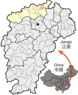 Location of Hukou County (red) in Jiujiang City (yellow) and Jiangxi