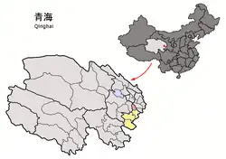 Jainca County (light red) within Huangnan Prefecture (yellow) and Qinghai