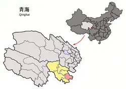 Jigzhi County (light red) within Golog Prefecture (yellow) and Qinghai