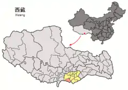 Location of Lhozhag County (red) within Shannan City (yellow) and Tibet