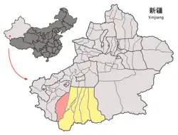 Location of Pishan/Guma County (red) within Hotan Prefecture (yellow) and Xinjiang