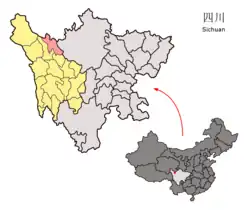 Location of Sêrtar County (red) within Garzê Prefecture (yellow) and Sichuan